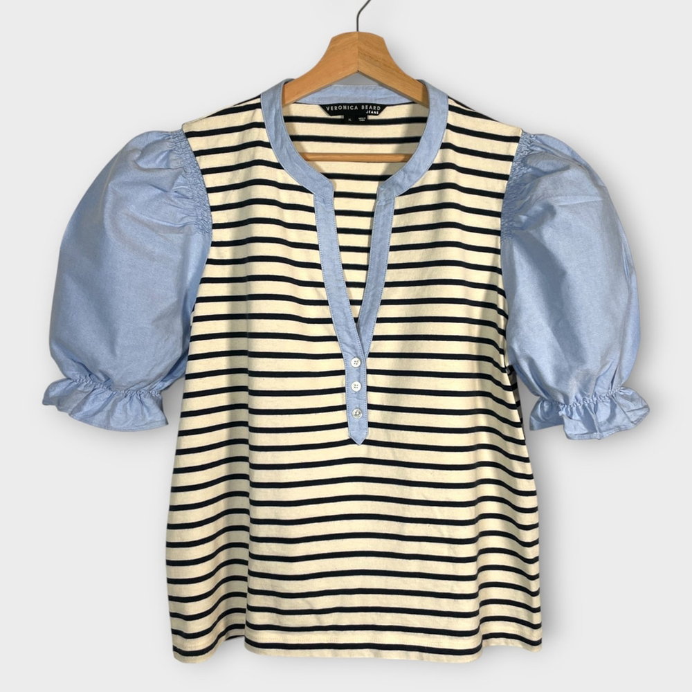 Veronica Beard Striped Blouse in Cream and Blue